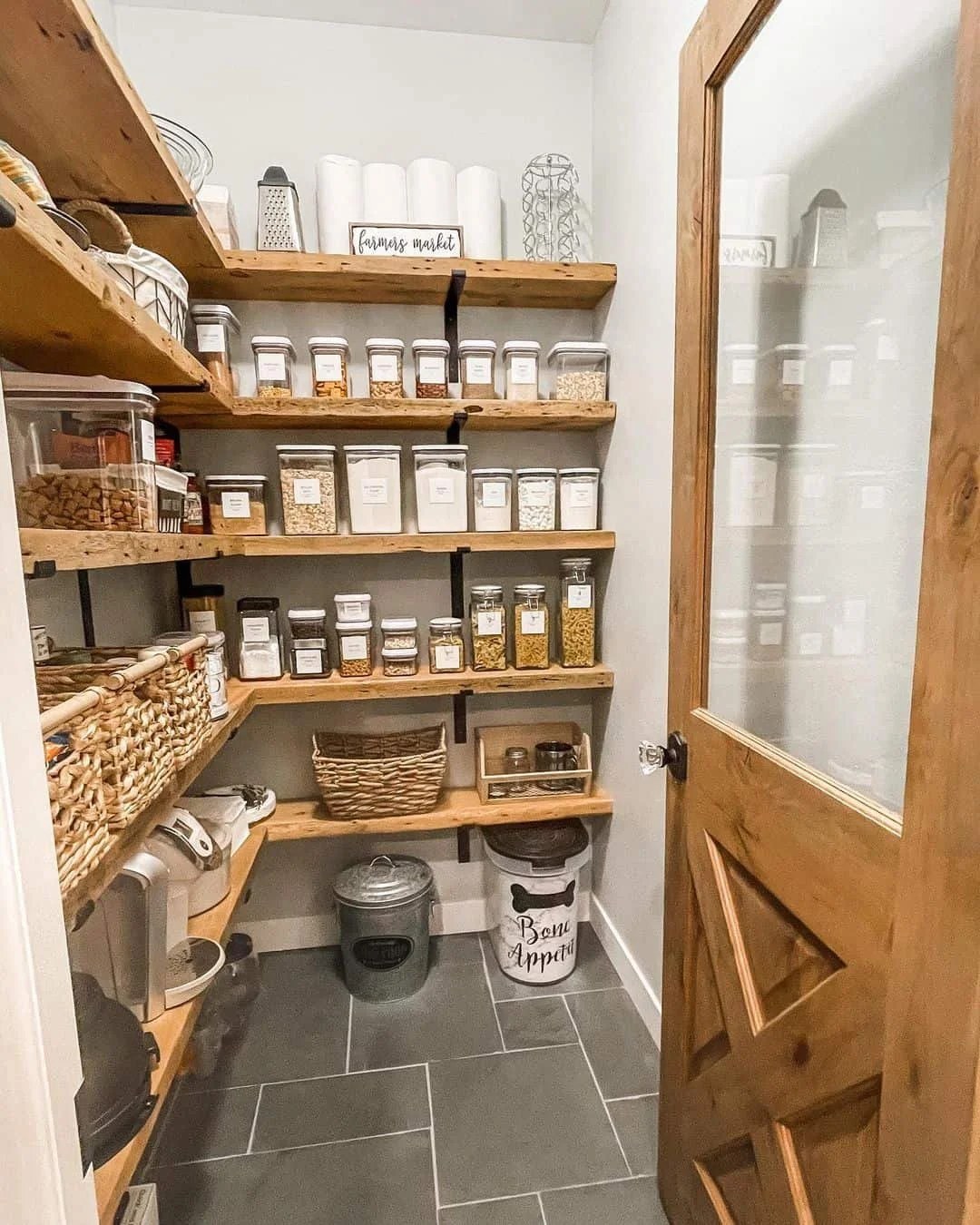 Elegant walk-in pantry ideas with glass doors and organized storage