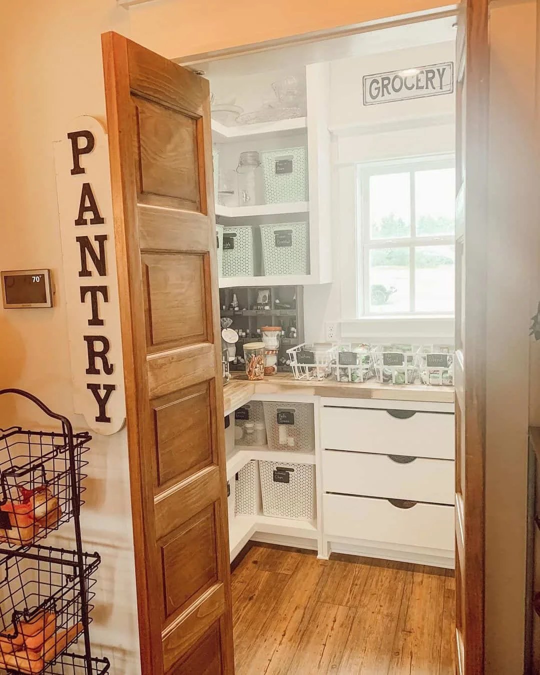 Modern walk-in pantry ideas with bold colors and stunning backsplash