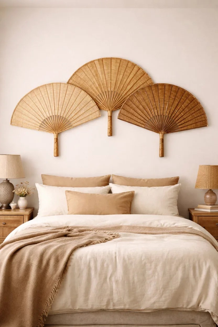 Close-up of rattan wall decor enhancing a serene bedroom atmosphere.