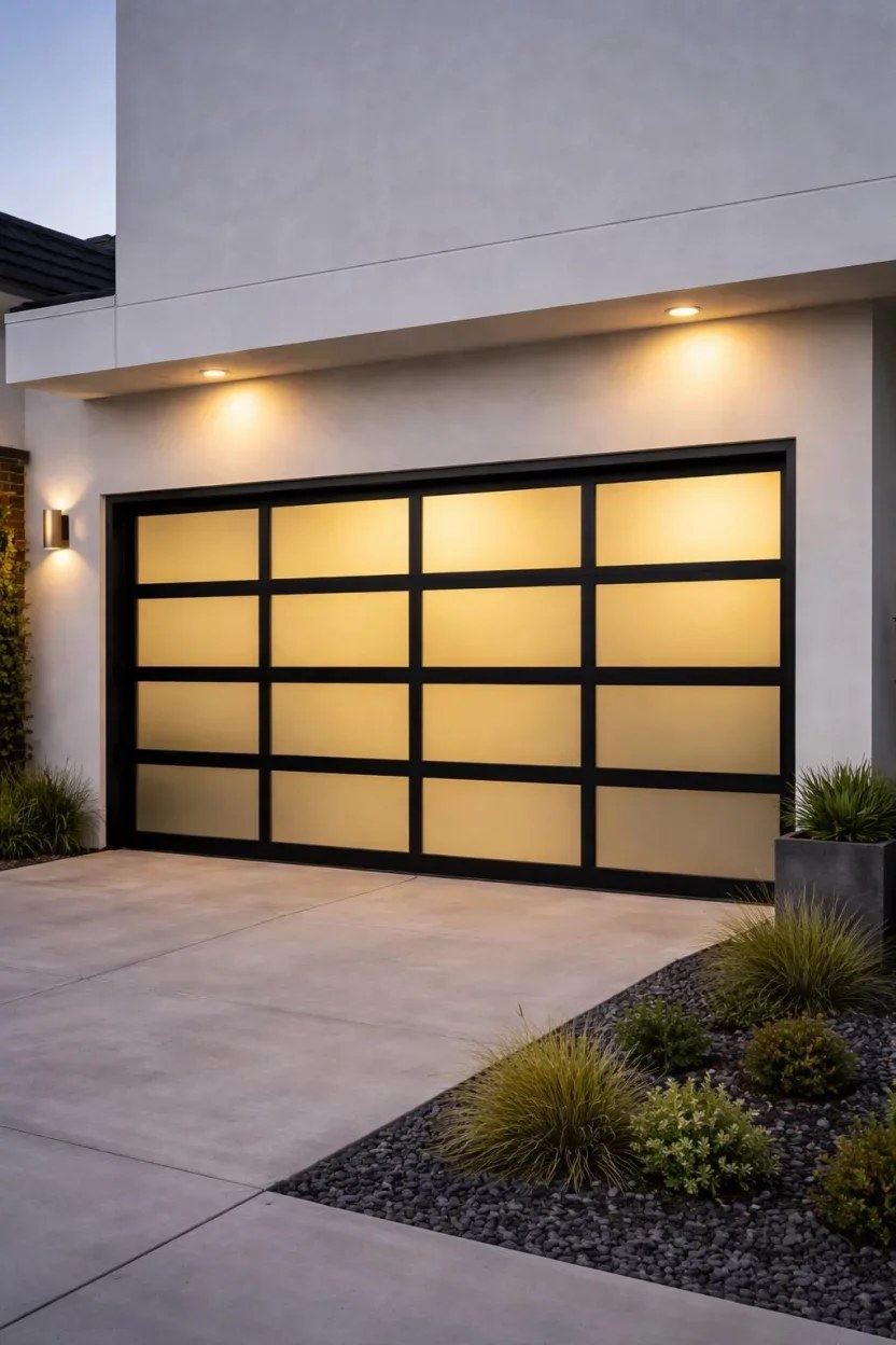 Contemporary garage door ideas with decorative glass accents