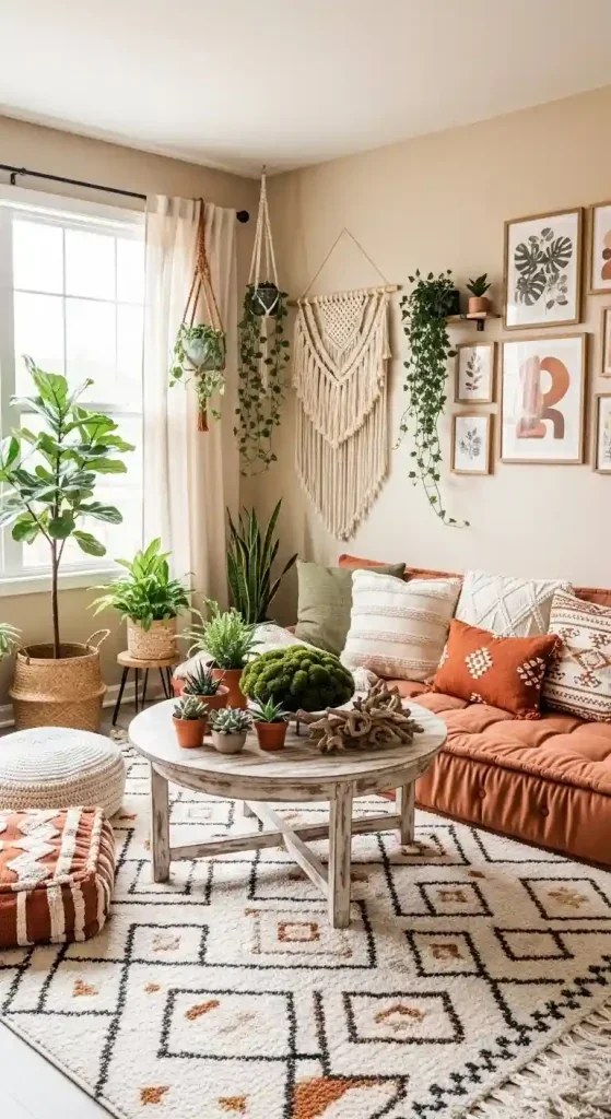 Cozy candles enhancing ambiance in a bohemian living space