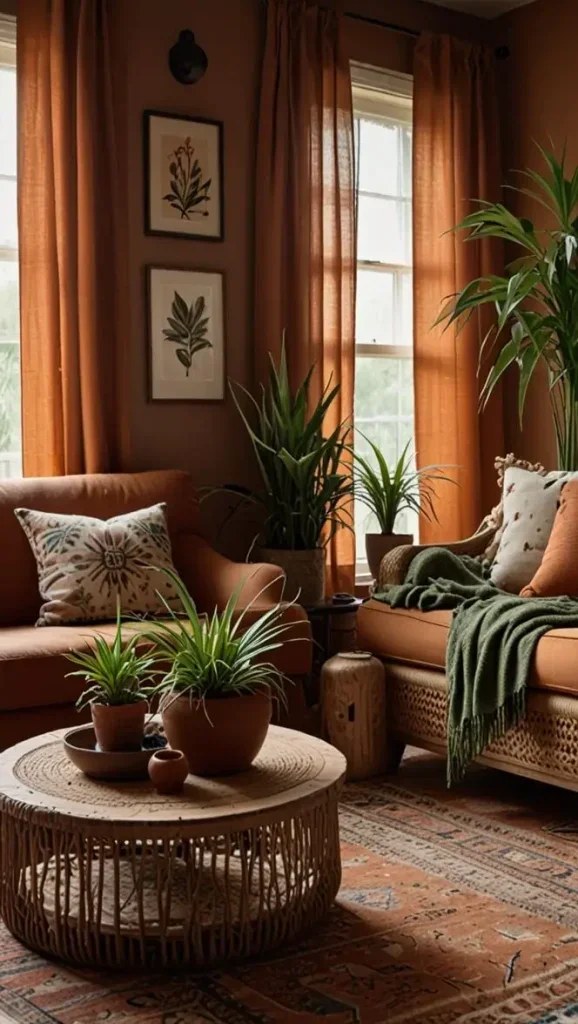 Earthy color palette grounding a cozy living room design