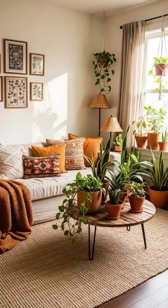 Layered rugs transforming a boho living room into a cozy retreat