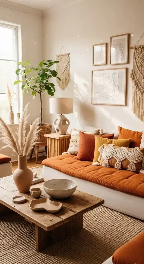 Stylish floor seating area featuring soft neutral textiles