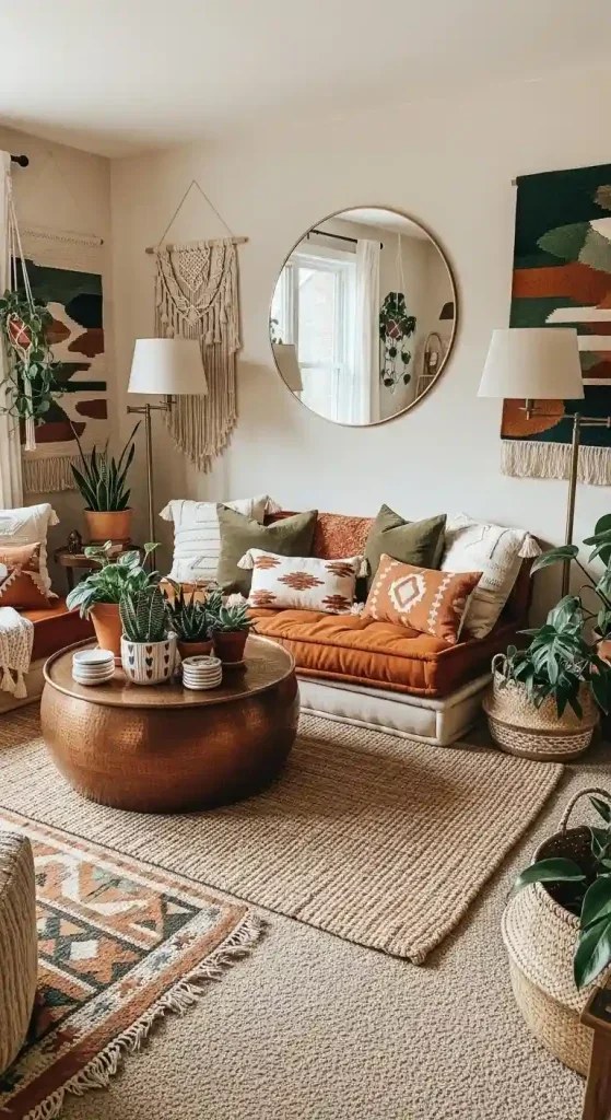 Reflective depth with a round mirror in a warm boho setting