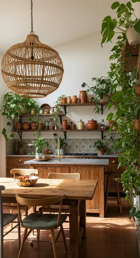 Rattan pendant light creates a warm kitchen atmosphere.