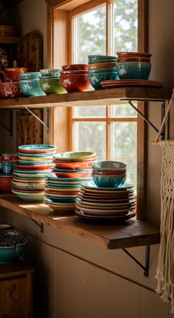 Mixing colorful dinnerware showcases a personalized kitchen.