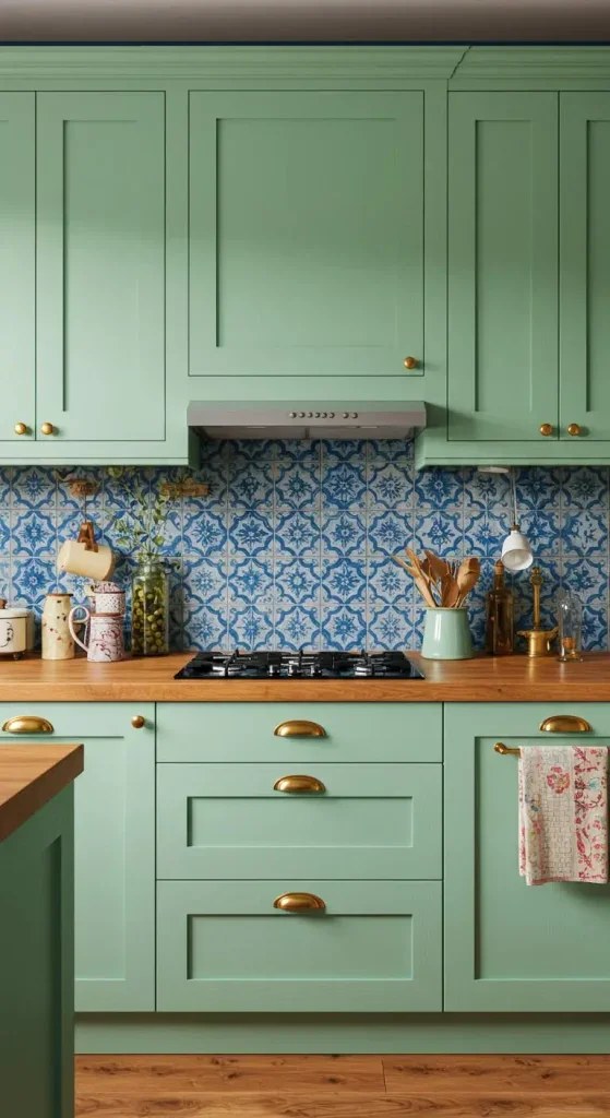 Textured wall art adds depth to the boho kitchen.