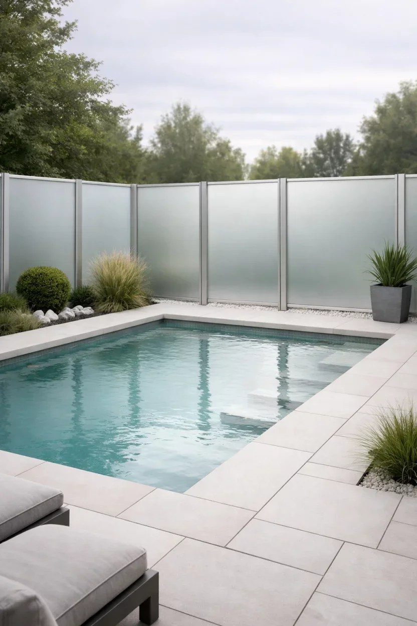 Eclectic mixed material fence showcasing creativity around a pool.