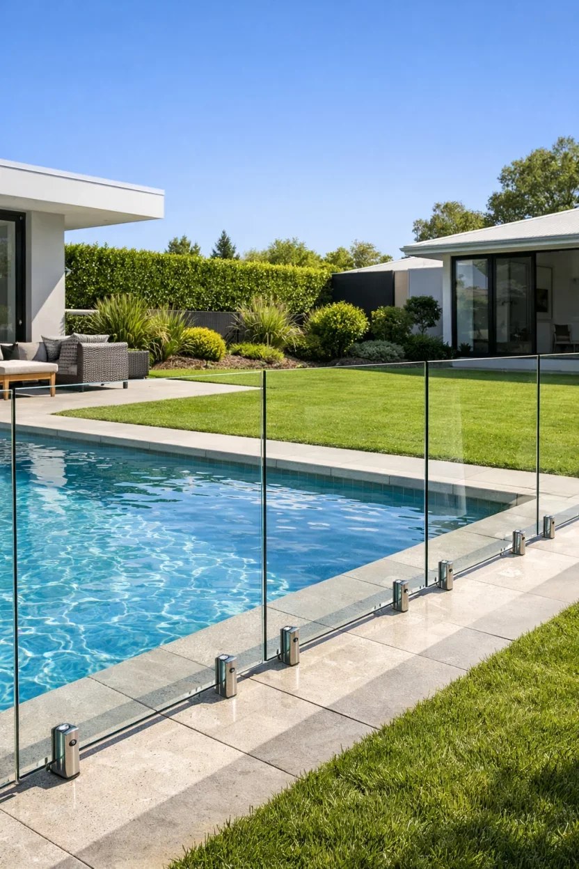 Classic white picket fence adding a nostalgic touch to a pool.