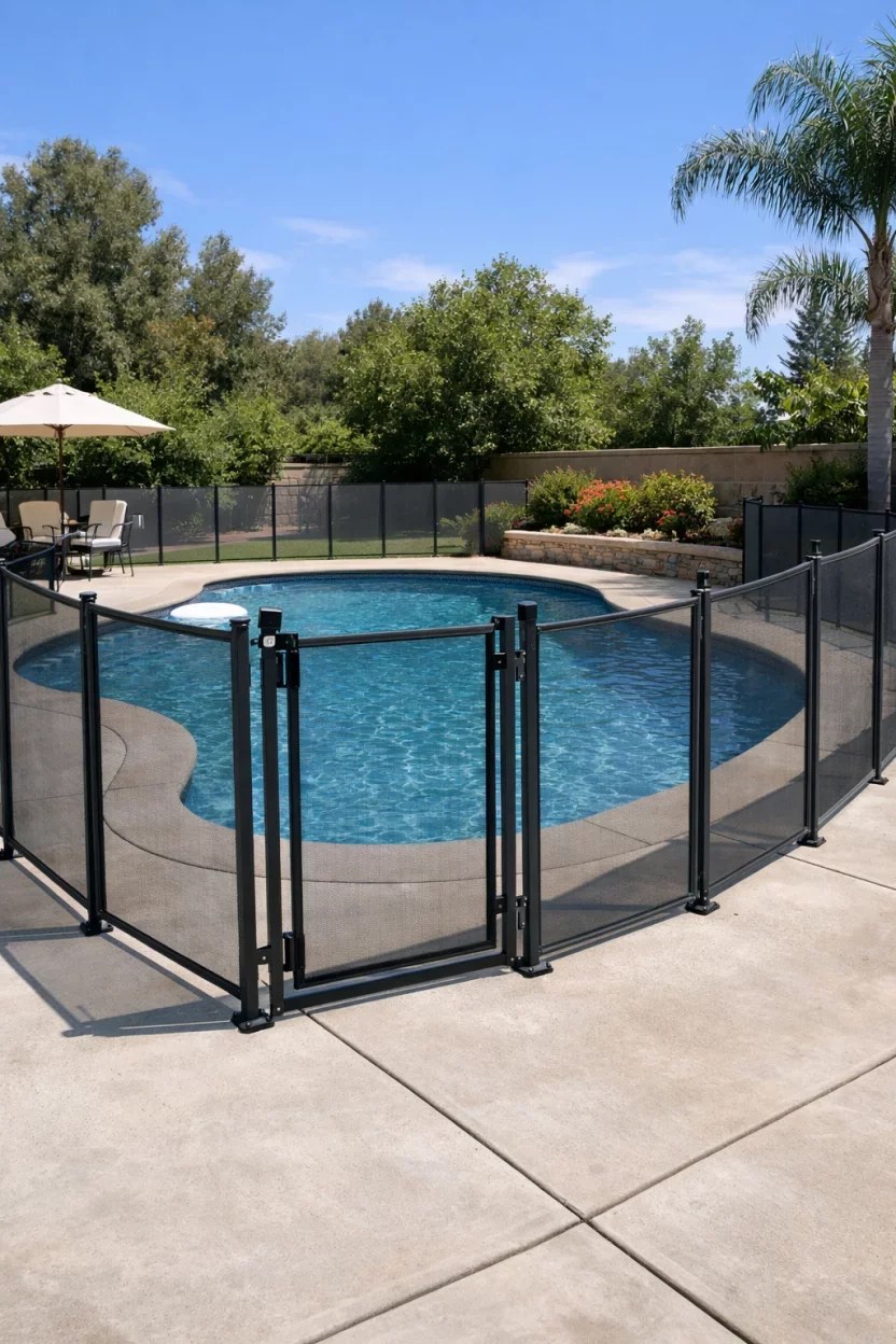 Temporary fencing providing easy setup for poolside safety.