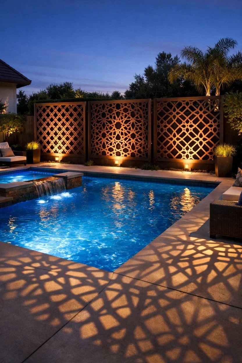 Stunning stone wall fence creating a natural pool boundary.