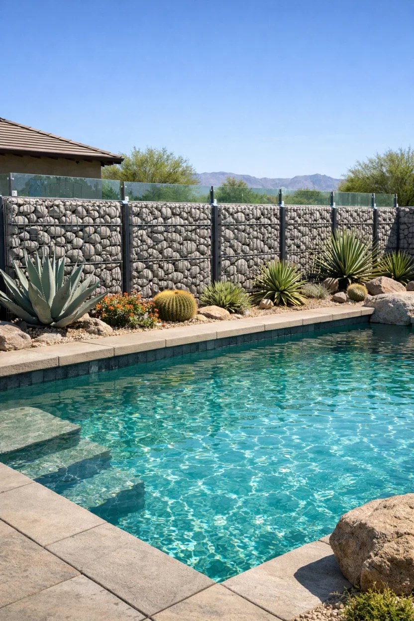 Vibrant garden flowers enhancing an eclectic pool fence.