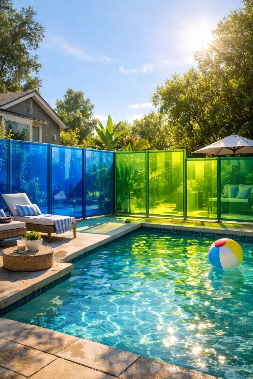 Vibrant privacy panels adding color around a refreshing pool.