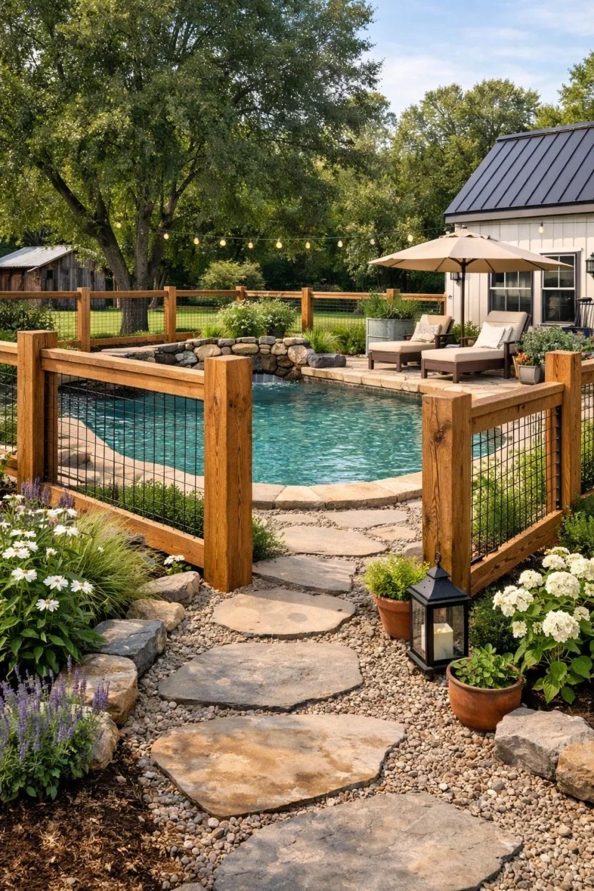Elegant wrought iron fence enclosing a classic swimming pool.