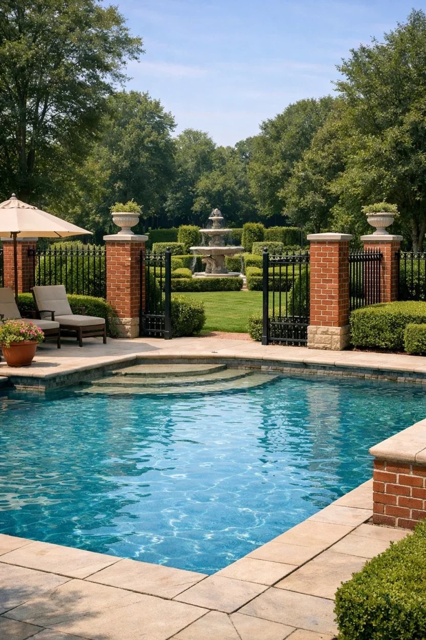Sleek steel slat fence enhancing a modern poolside vibe.