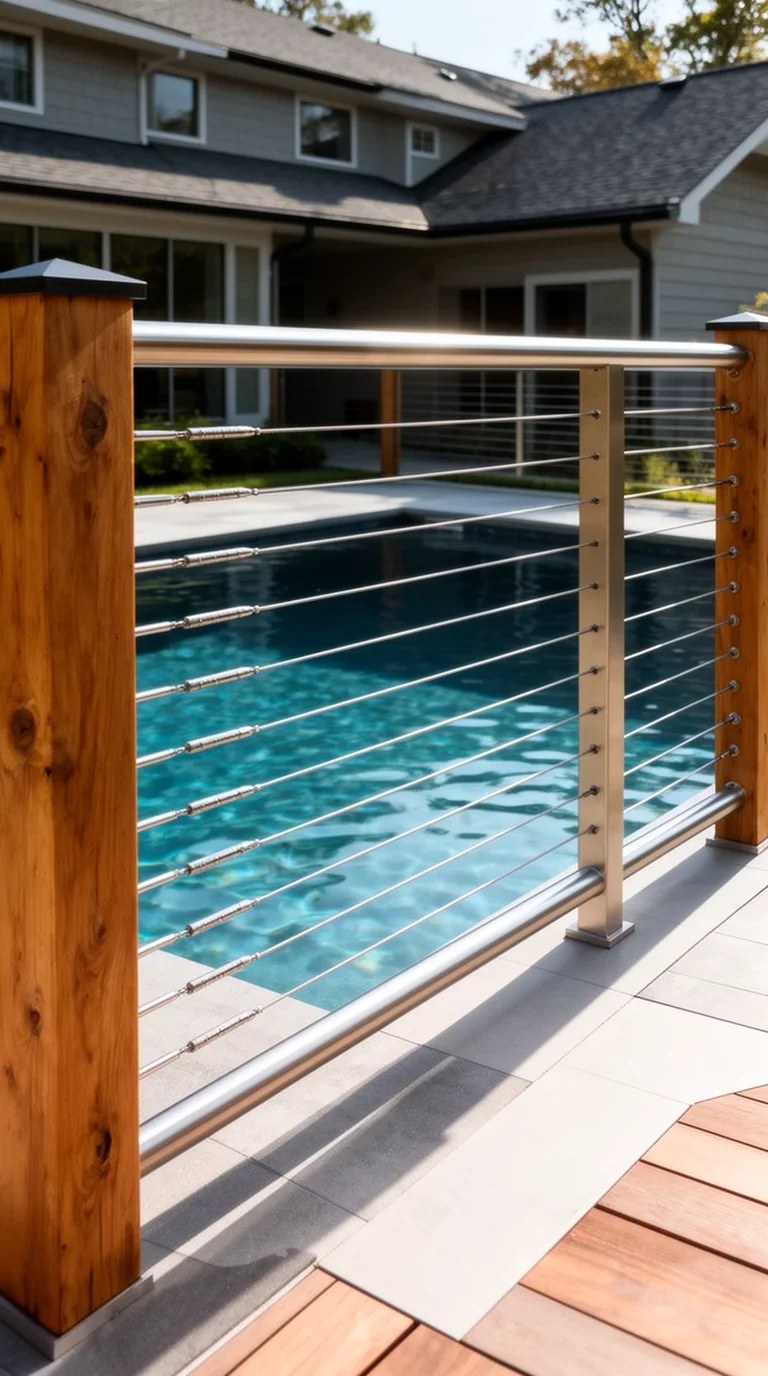 Vertical garden fence with blooming plants around a pool.