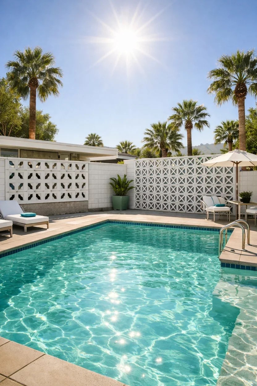 Tropical bamboo fencing providing a lush poolside atmosphere.