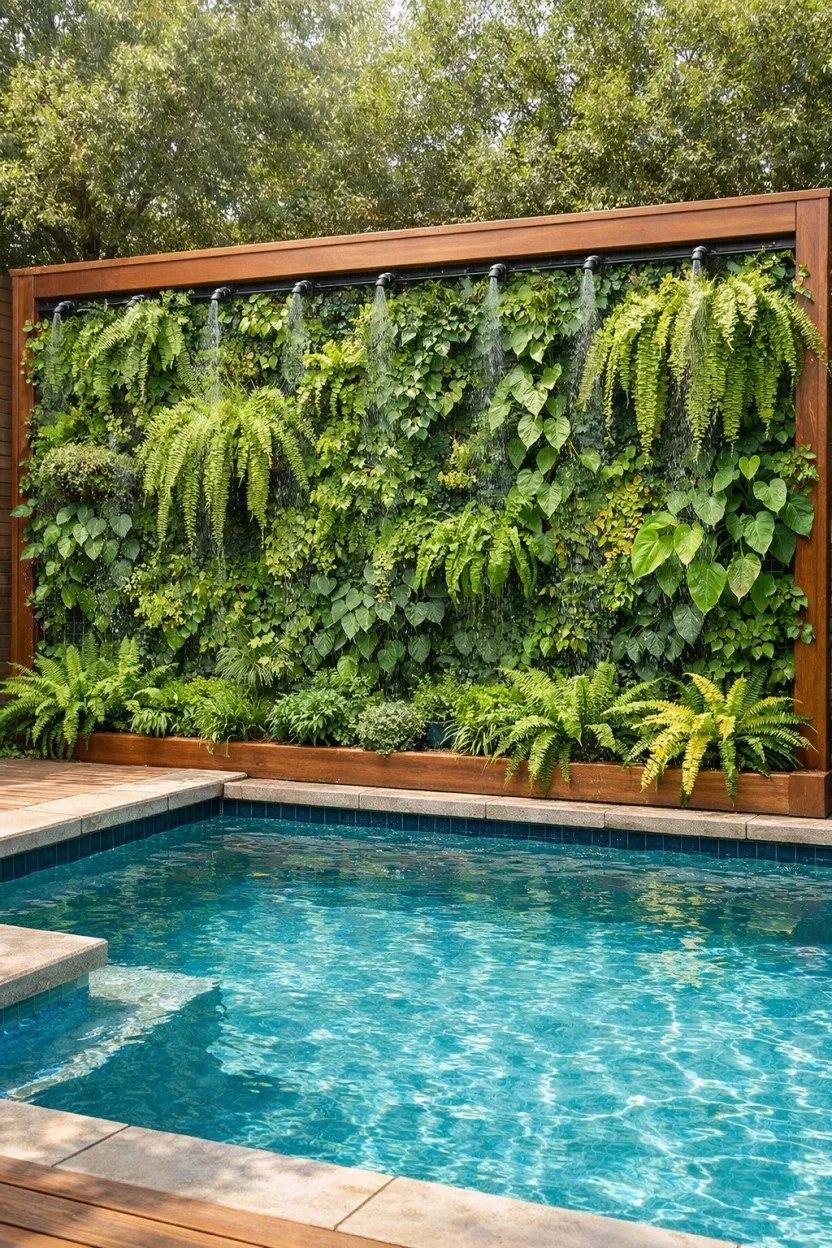 Low-maintenance vinyl panel fence around a cozy pool area.