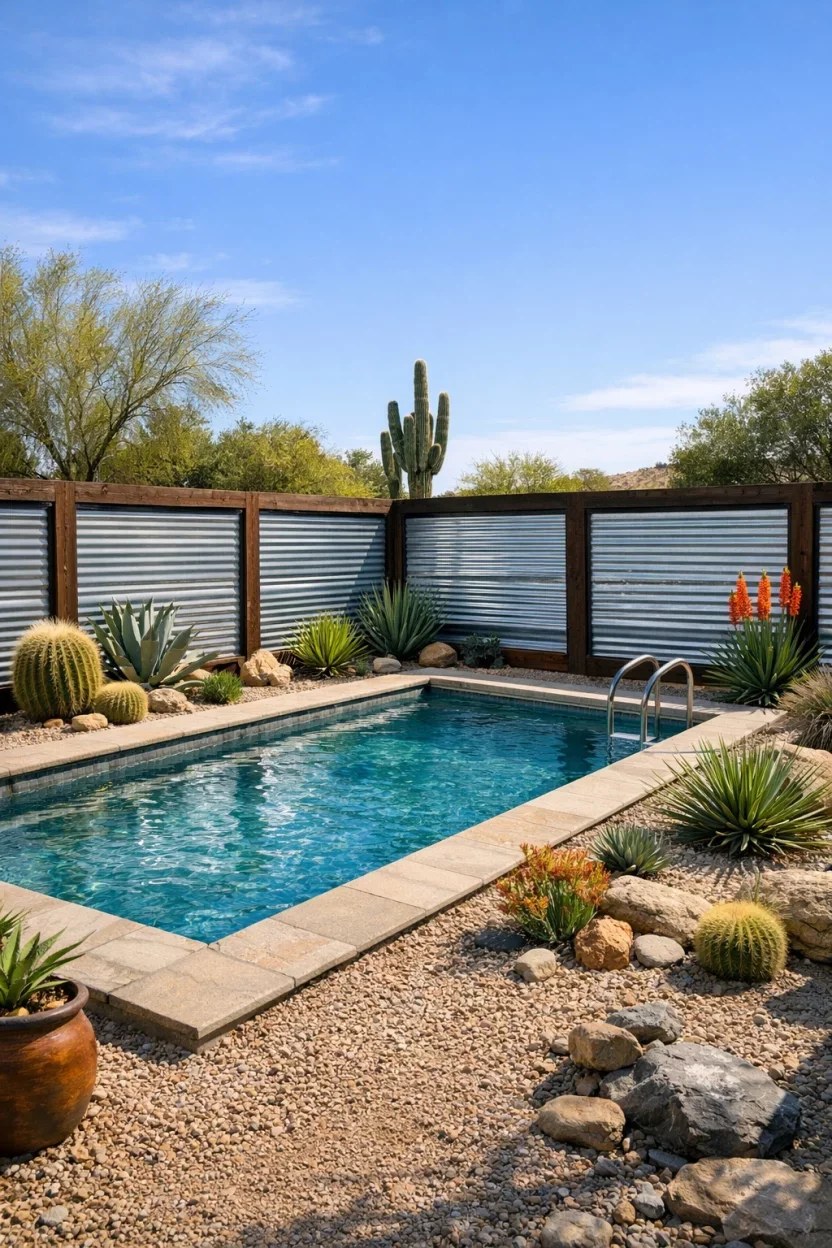 Lattice top fence offering privacy and charm to a backyard pool.