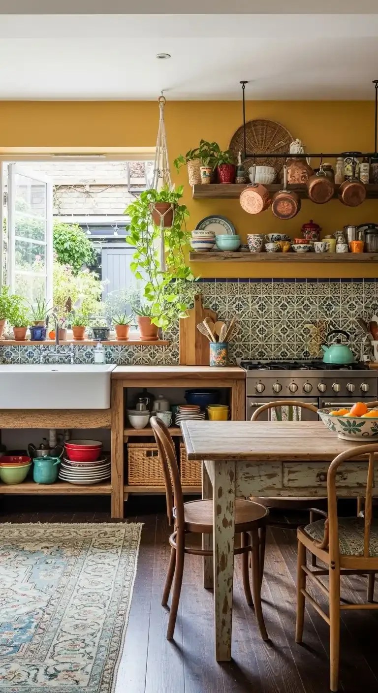 Stunning light fixtures adding flair to a boho kitchen.
