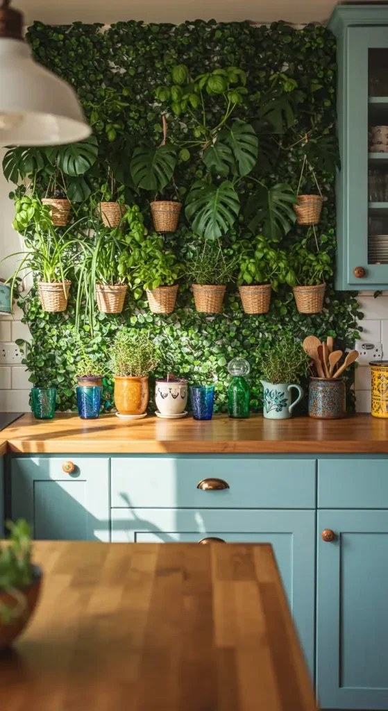 Eclectic dish display harmonizing with kitchen's vibe.