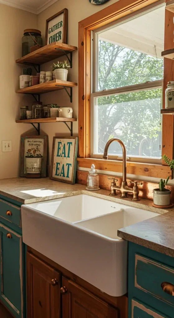 Vintage furniture adding charm to a rustic kitchen.