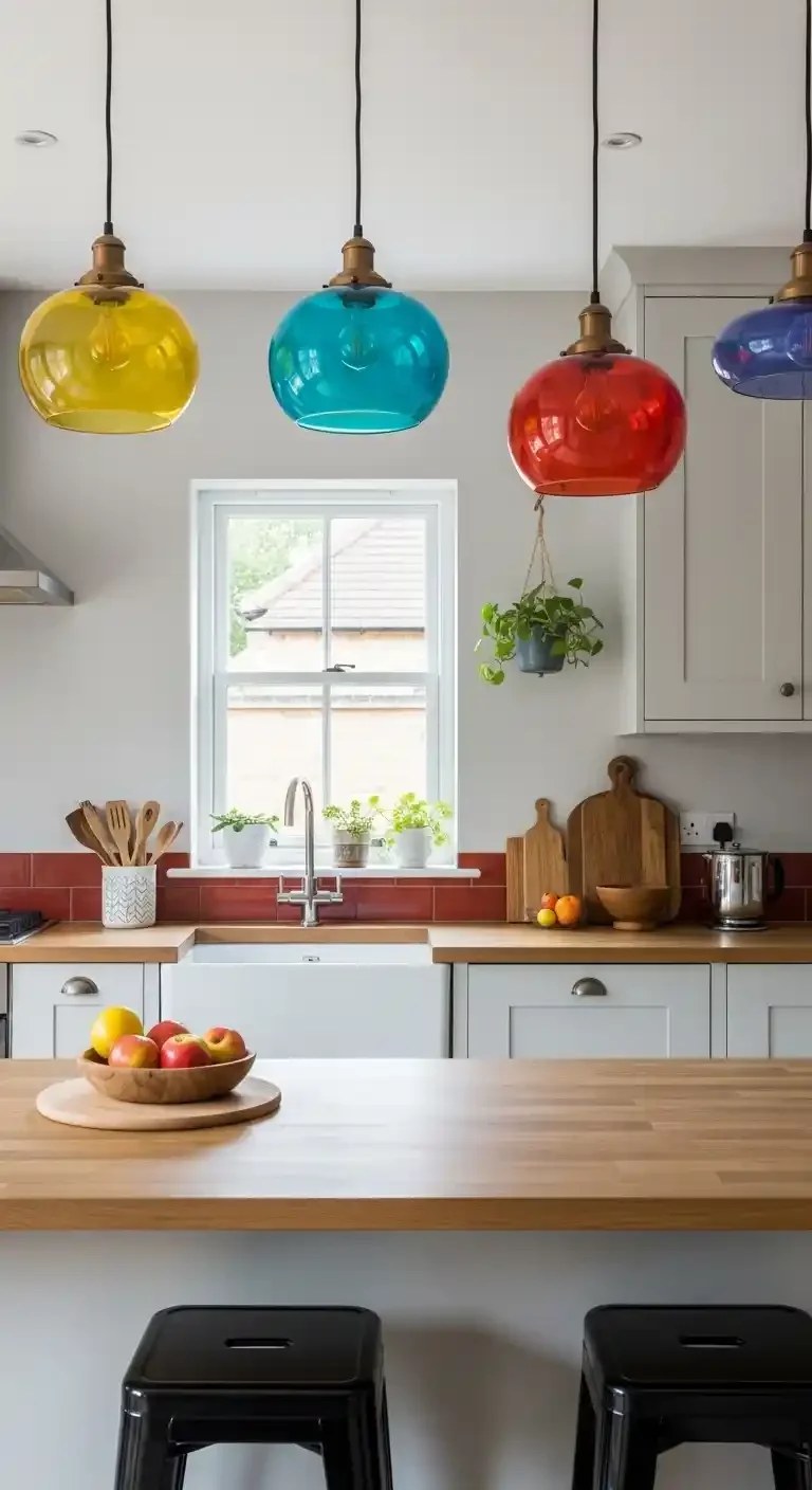 Colorful cookware displayed on a vintage pot rack.