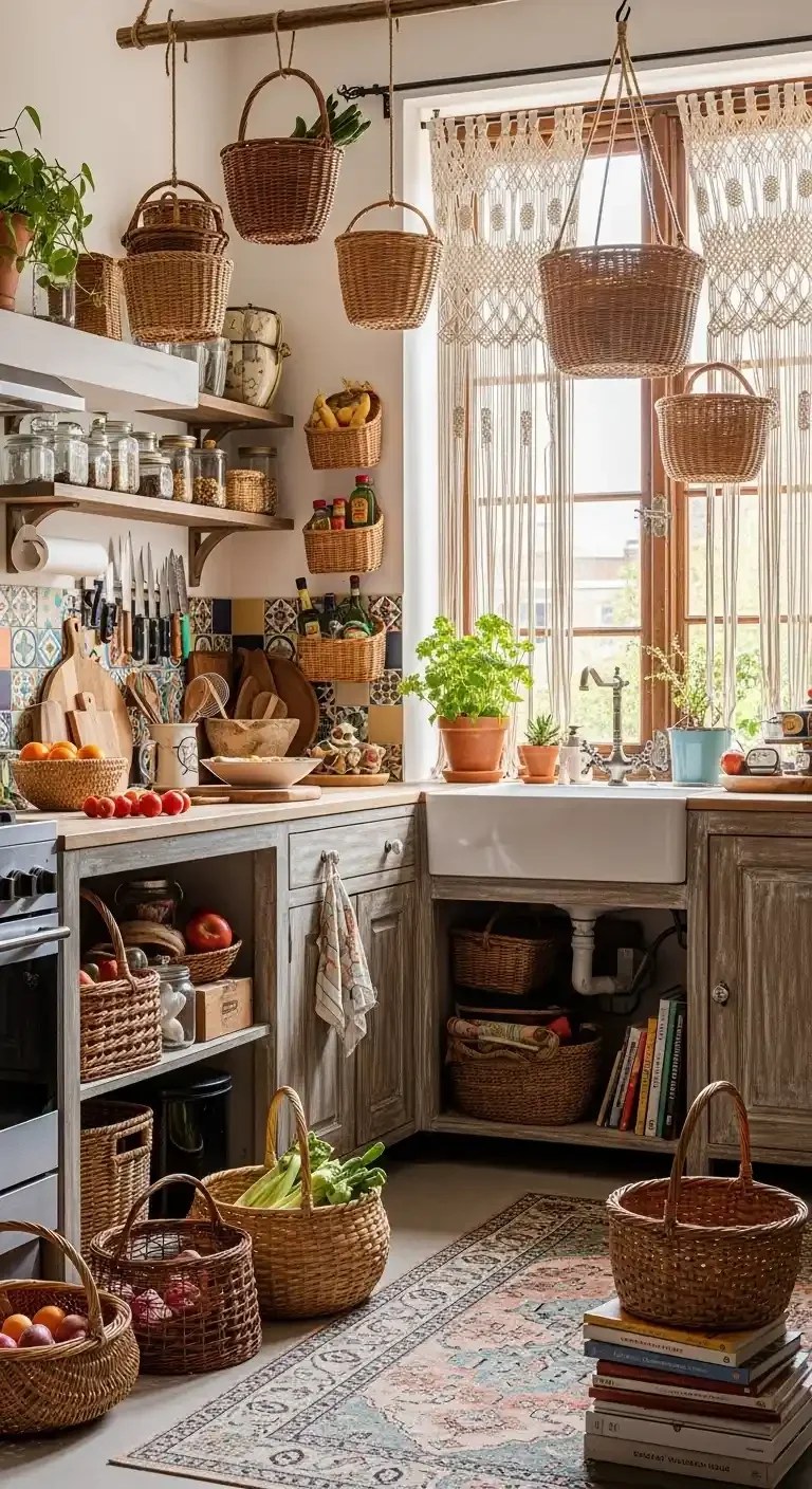 Open shelving showcasing plants and dishware artsy decor.
