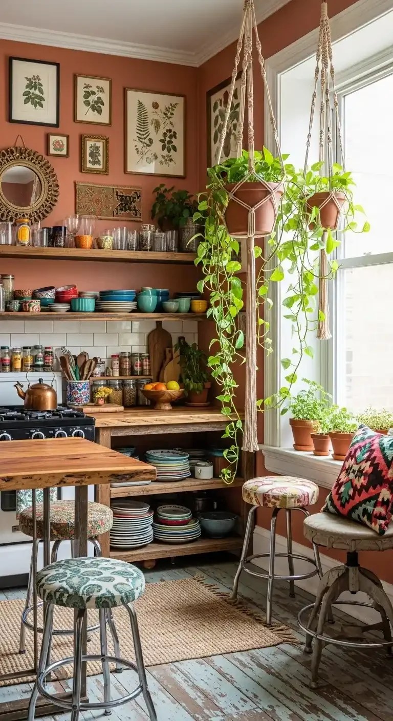 Lush greenery adding life to a cozy kitchen environment.