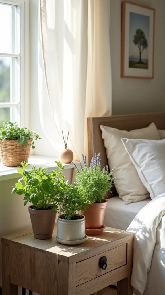 Colorful wall art enhancing aromatic bedroom decor.