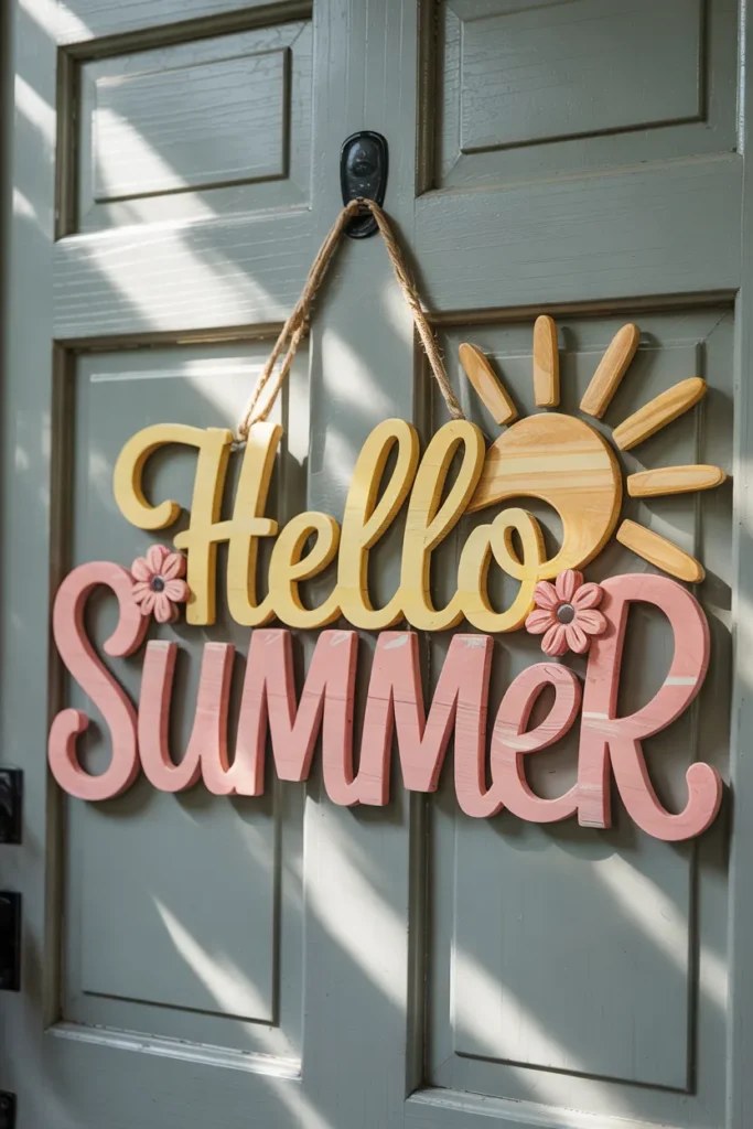 Rustic door hanger featuring a wooden sign with summer quotes
