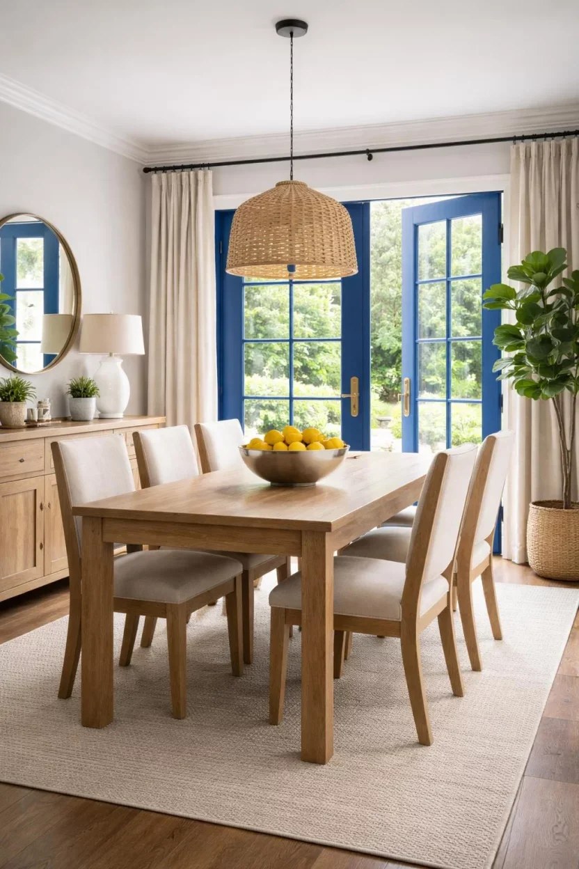 Luxurious dining retreat with pale blue and gold accents.