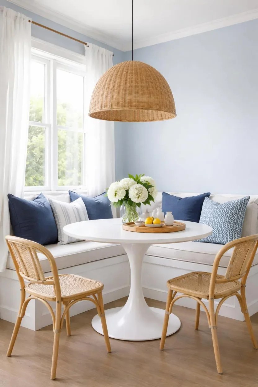 Mediterranean inspired dining area with vibrant blue and earthy tones.