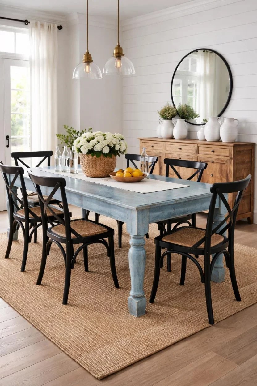 Industrial fusion dining room combining blue with reclaimed wood elements.