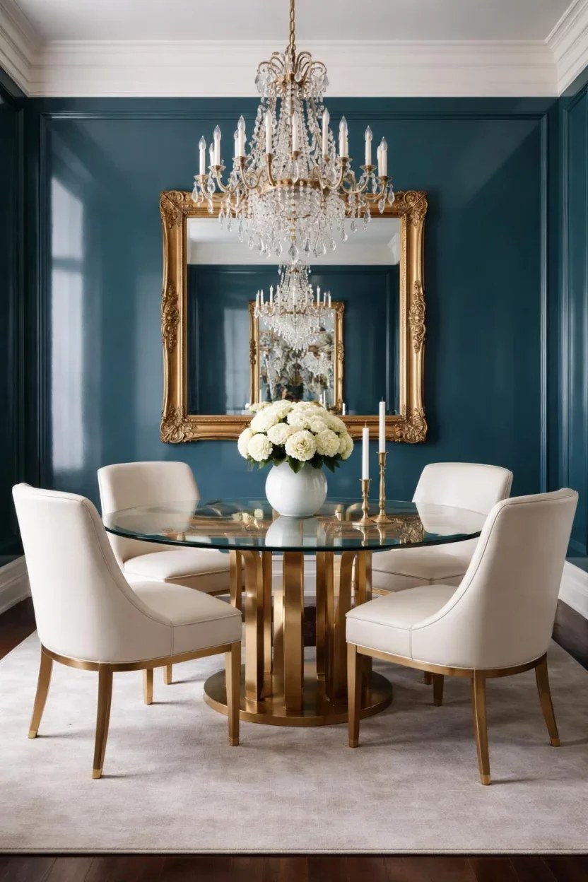 Gallery style dining area highlighted by bold blue statement art pieces.