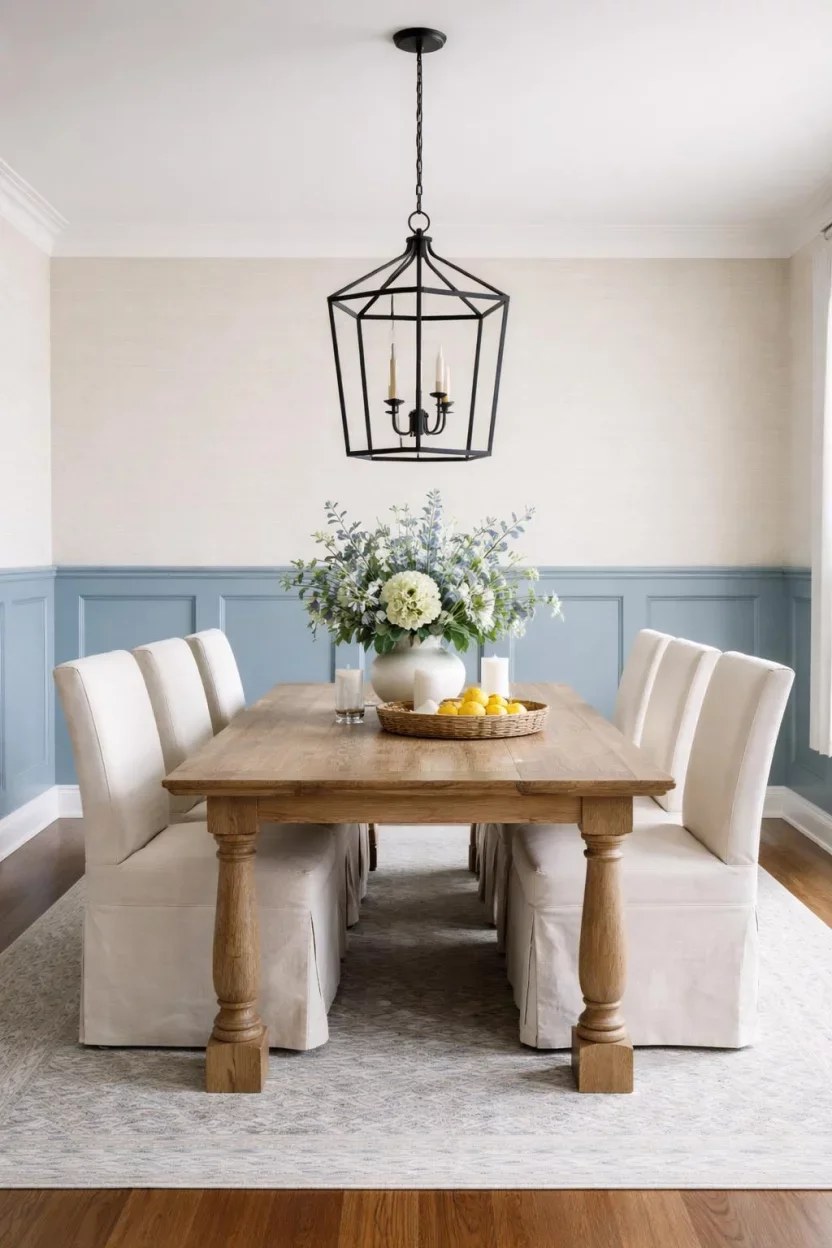 Textured layering in dining room featuring blue and neutral tones.