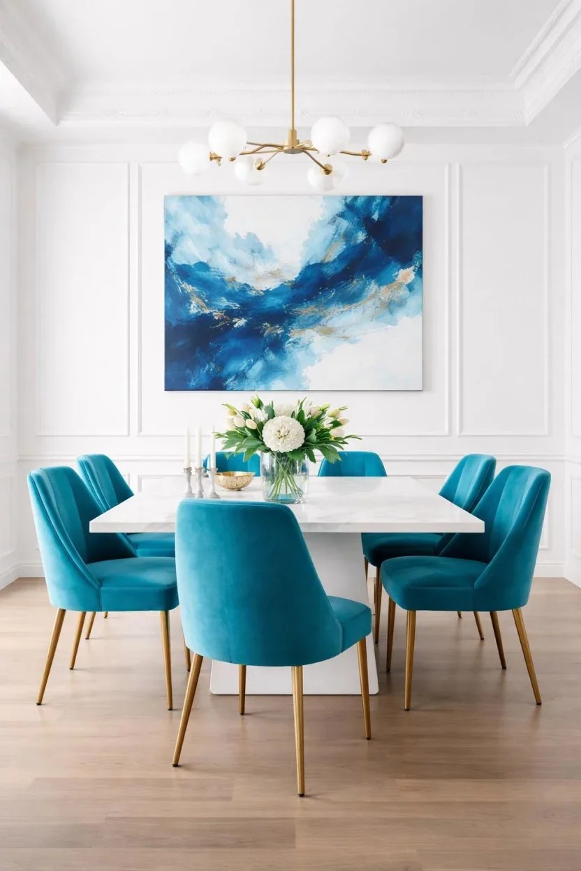 Soft blue dining room with elegant decor and sophisticated lighting.