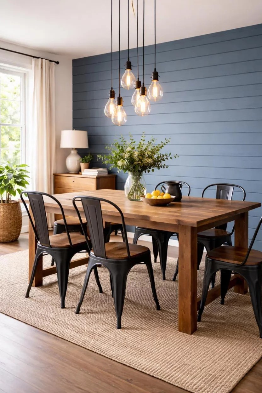 Rustic dining room featuring deep blue shiplap and farmhouse table.