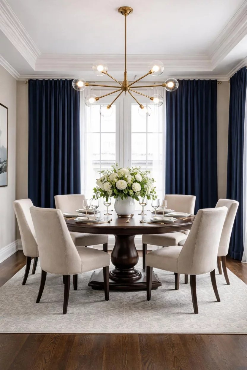 Formal dining room with navy curtains and round gold chandelier.