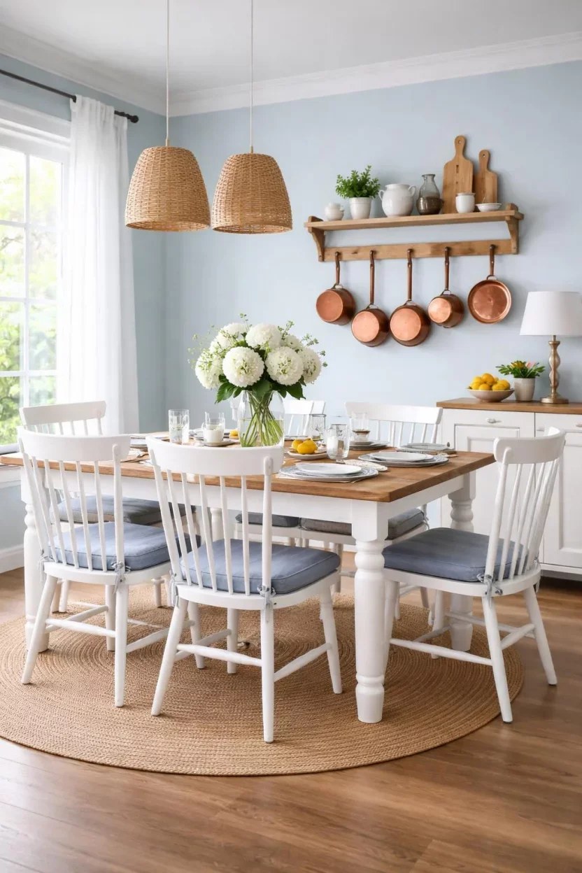 Coastal farmhouse dining room with light blue accents and rattan lights.