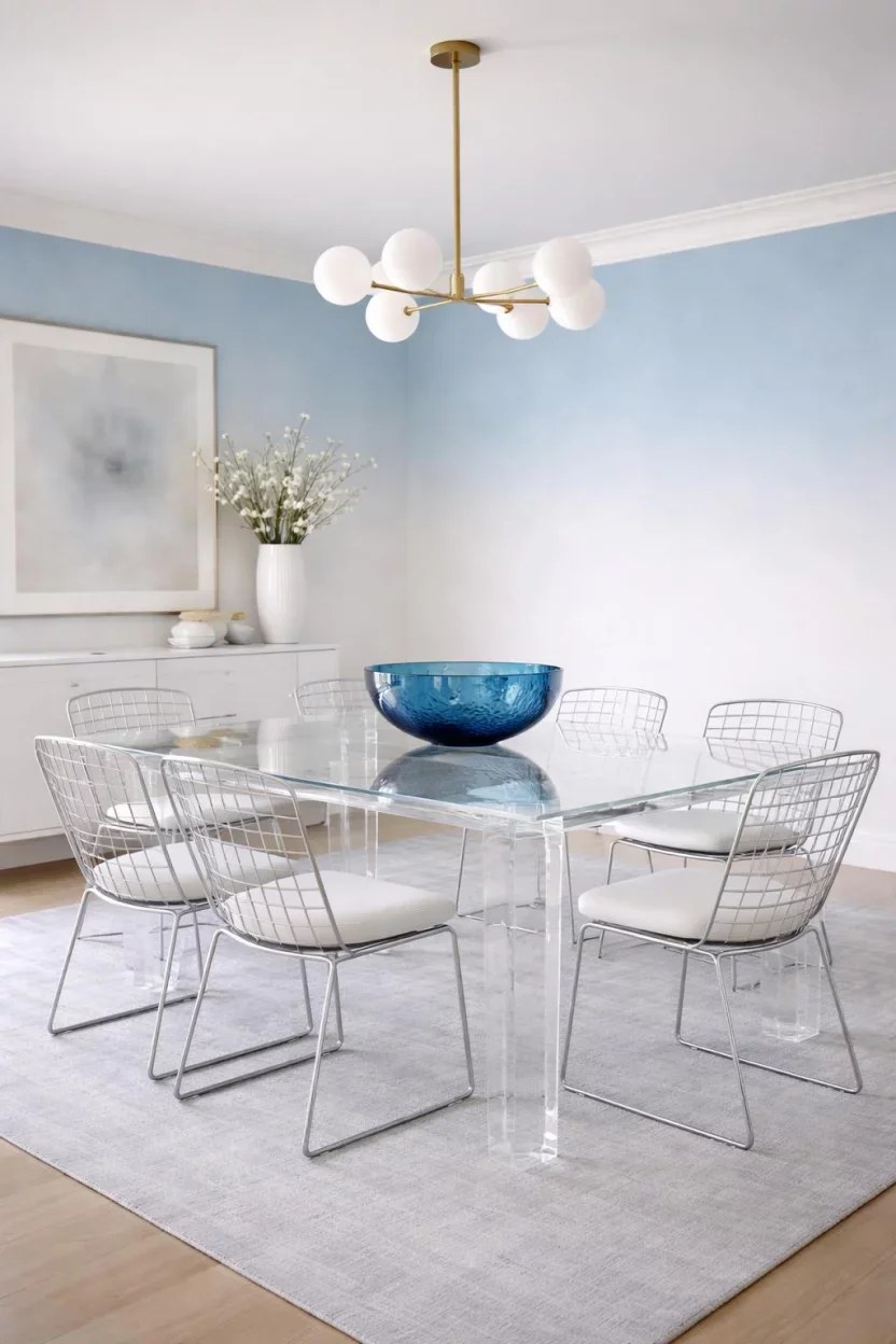Bright dining area with blue accent wall and vibrant artwork.