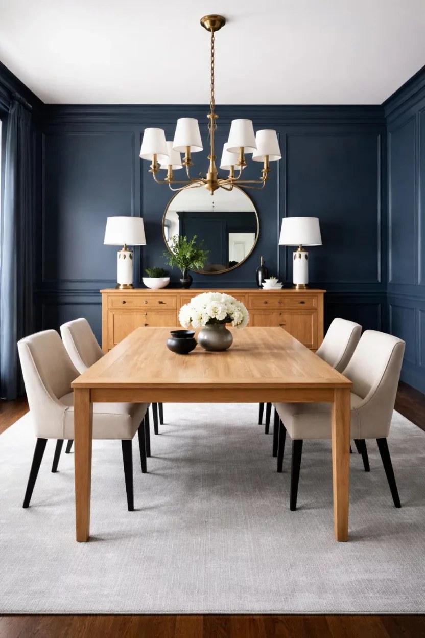 Teal mid-century dining room with warm wooden tones.