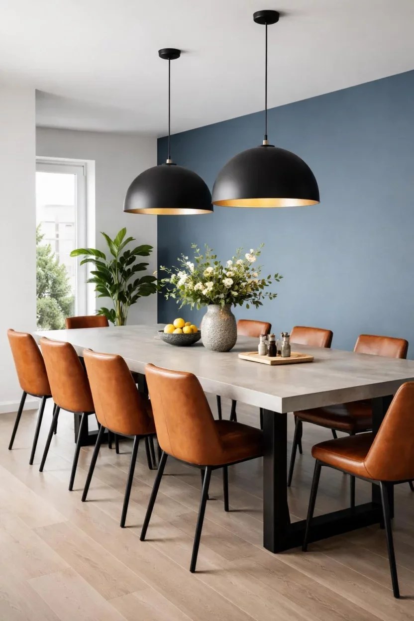 Rustic cottage dining room with floral patterns and soft blue hues.