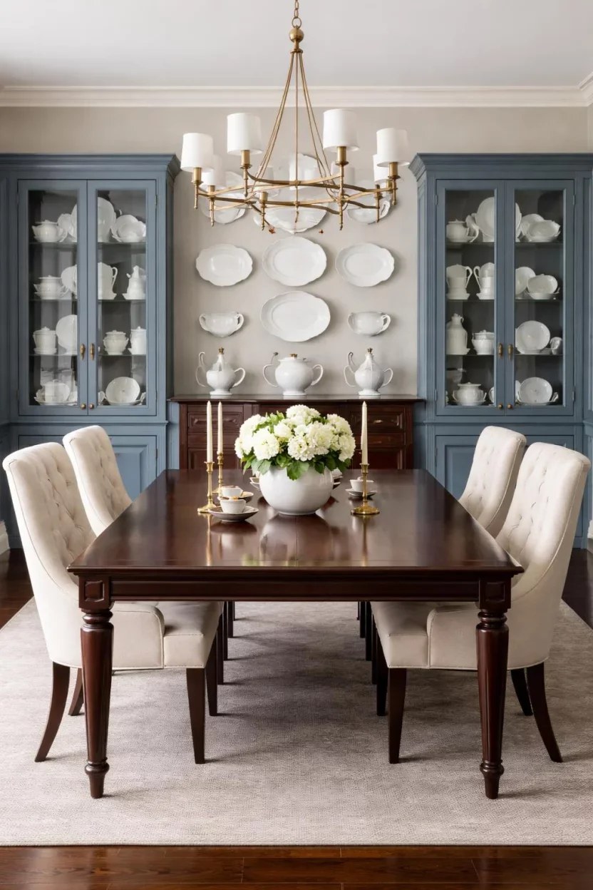 Modern dining area showcasing dark blue walls with sleek furniture.