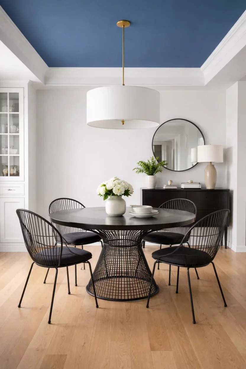 Minimalist dining room with light blue and subtle textures.