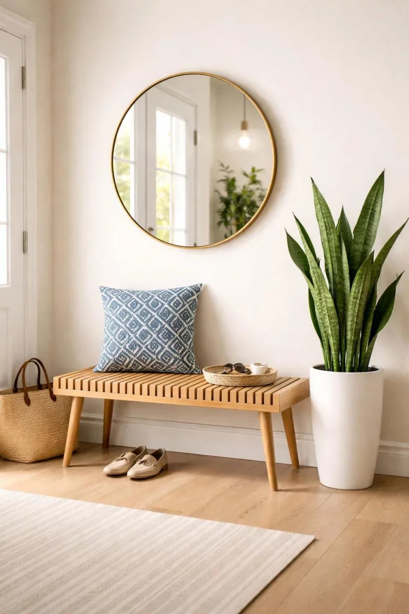 Cushion-covered storage bench offering comfort and utility for guests.