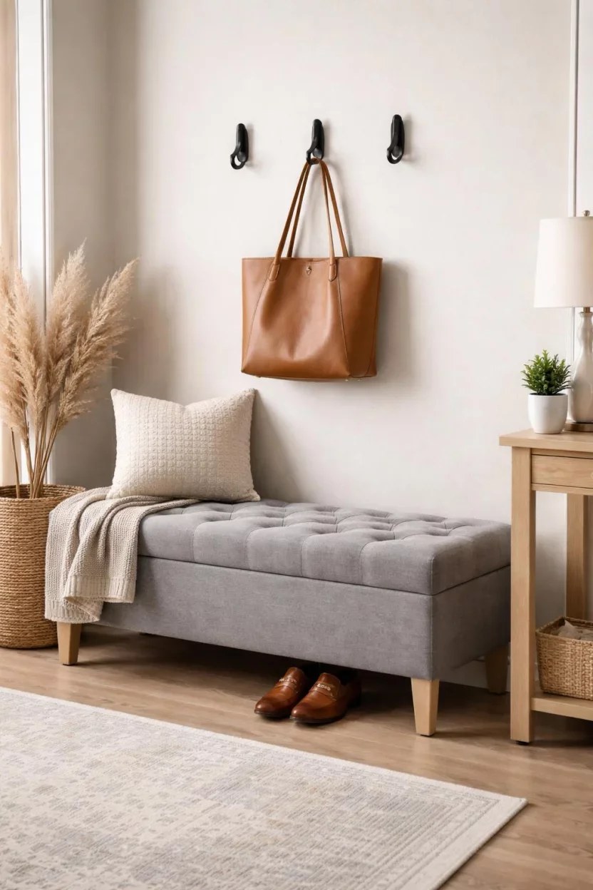 Eclectic vintage bench adding unique character to entrance space.
