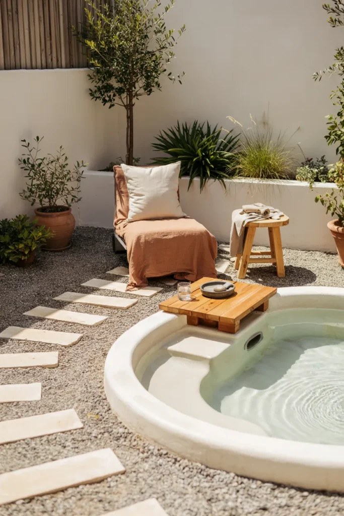 Spacious small plunge pool complete with deck lighting.