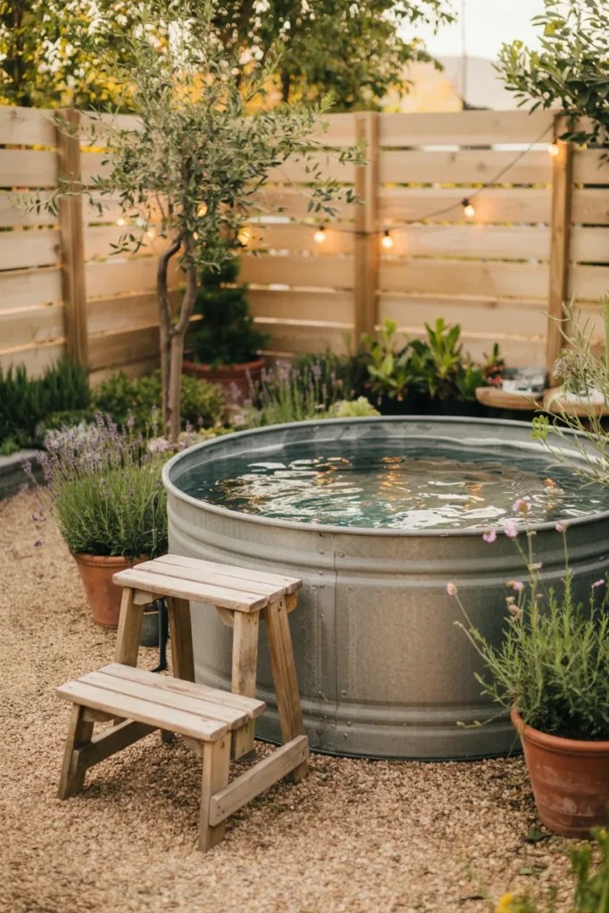 Stylish small plunge pool with a wooden deck area.